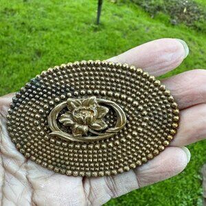 Art Nouveau Brooch 2.5" Metal Gold Plate Gilt Brass‎ Flower C Clasp Oval Antique